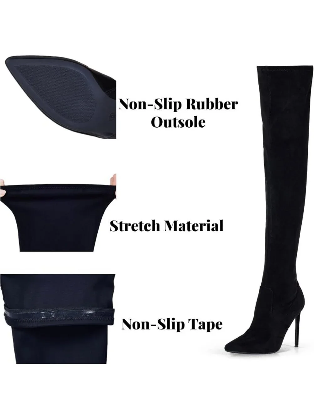 Women's Black Synthetic Rubber Stretch Suede Long Pointed Toe Over the Knee Boot